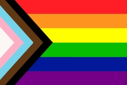 Pride flag with triangles of black, brown, blue, pink, and white starting at the left side and extending for the first 1/3 of the image