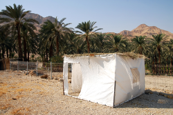 Photo of a Sukkah on Sukkot made out of tarps in the desert