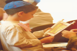 A young boy studying a paper torah for the Jewish holiday of Simchat Torah