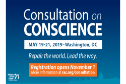 Consultation on Conscience written in white on blue with date May 19-21, 2019
