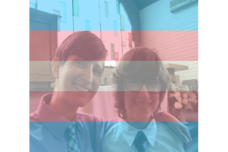 Yael and Spencer Rothman overlaid with trans flag filter