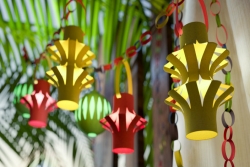 Colorful paper lanterns hanging inside a sukkah 