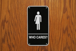 Gender neutral bathroom sign that says, "Who Cares?" with an image that is 1/2 man and 1/2 woman