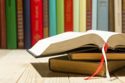 Row of books with several open books in foreground