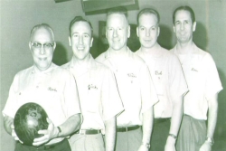 The author's father, with bowling ball, and his bowling team in Harrisburg, PA