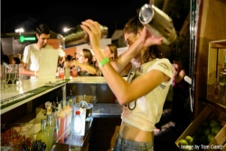 A blurry photo of a female mixologist shaking up a Grape Mans Cocktail at a crowded bar in Herzliya