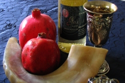 Kiddush cup, wine, and a Shofar, ritual objects for the Jewish holiday of Rosh HaShanah