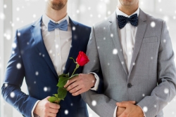 Two men, one holding a rose, shown from the neck down on their wedding day