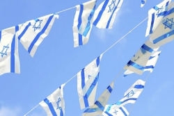 Israeli flags blowing in the wind