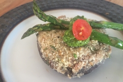 Matzah encrusted portobello topped with asparagus