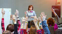 Students raise hands in class