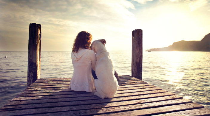 Woman and dog sitting on dock facing the water at sunset